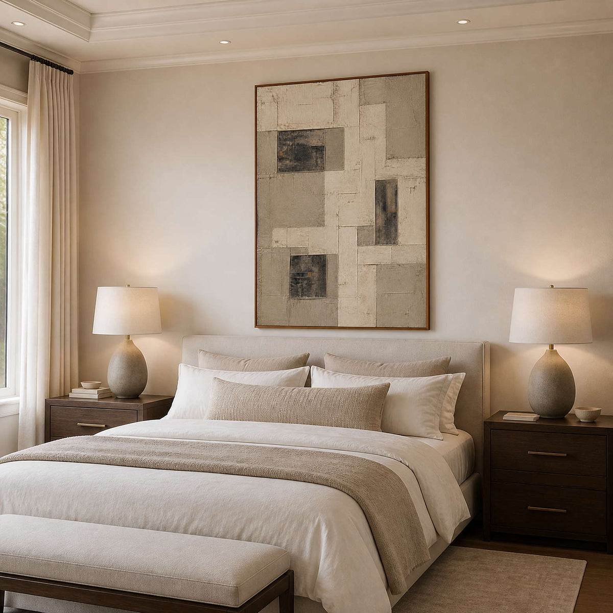 Calming ivory and charcoal wall art above a bedroom with a wood frame.