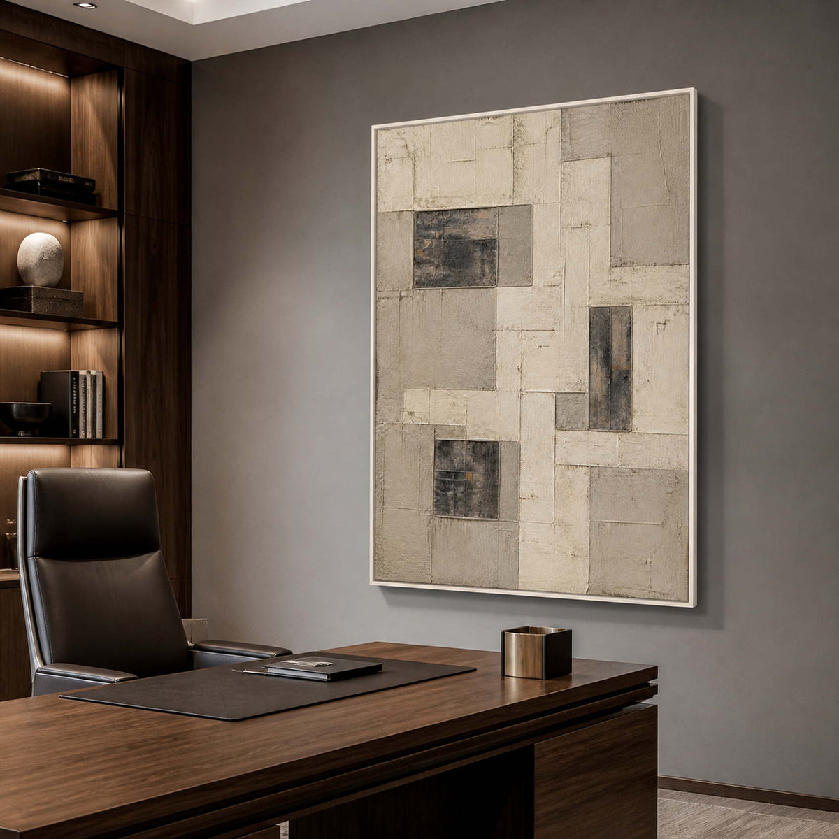 Modern neutral abstract wall art in a sophisticated office with a white frame.