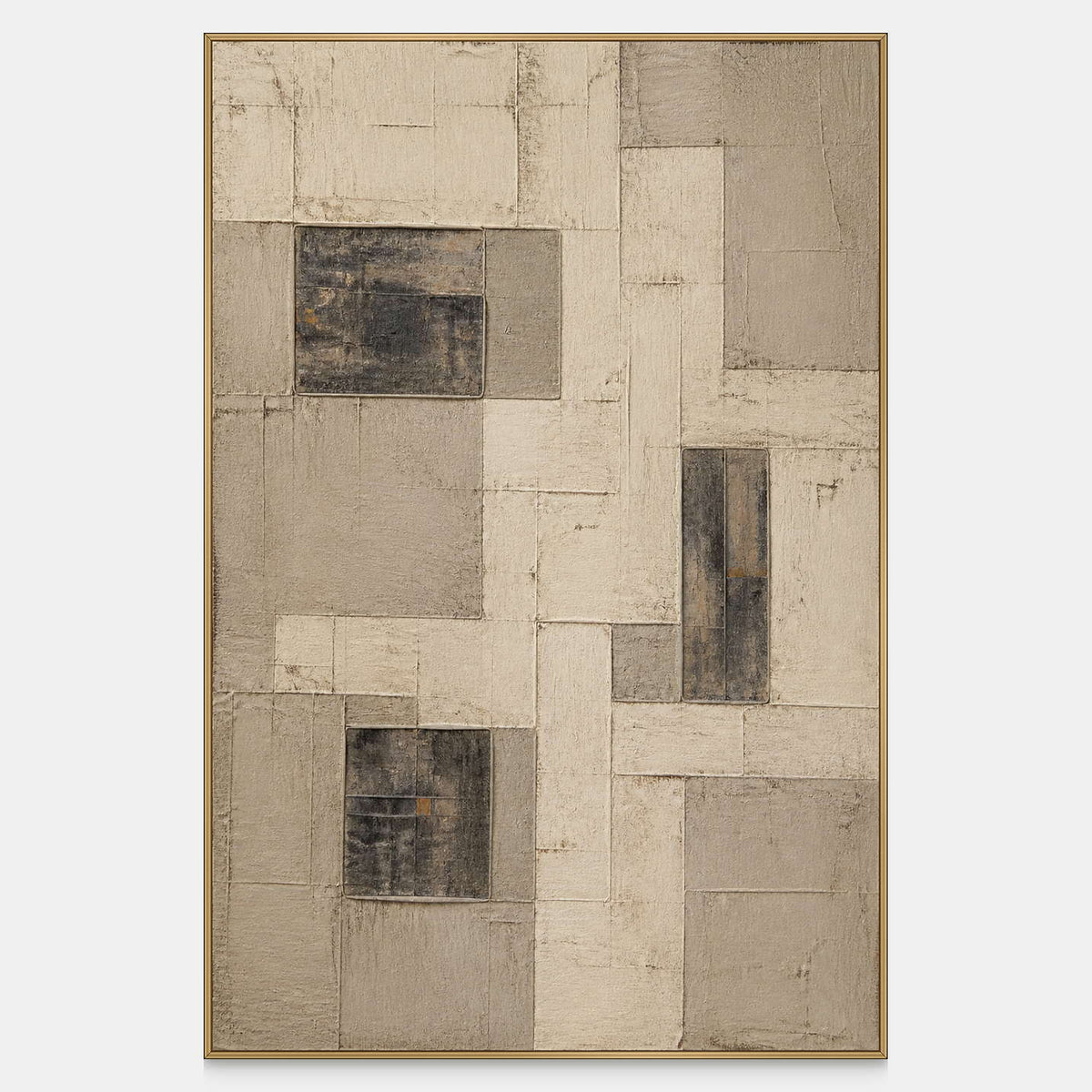 Hand-painted abstract wall art with layered ivory rectangles and charcoal blocks.