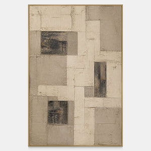 Hand-painted abstract wall art with layered ivory rectangles and charcoal blocks.