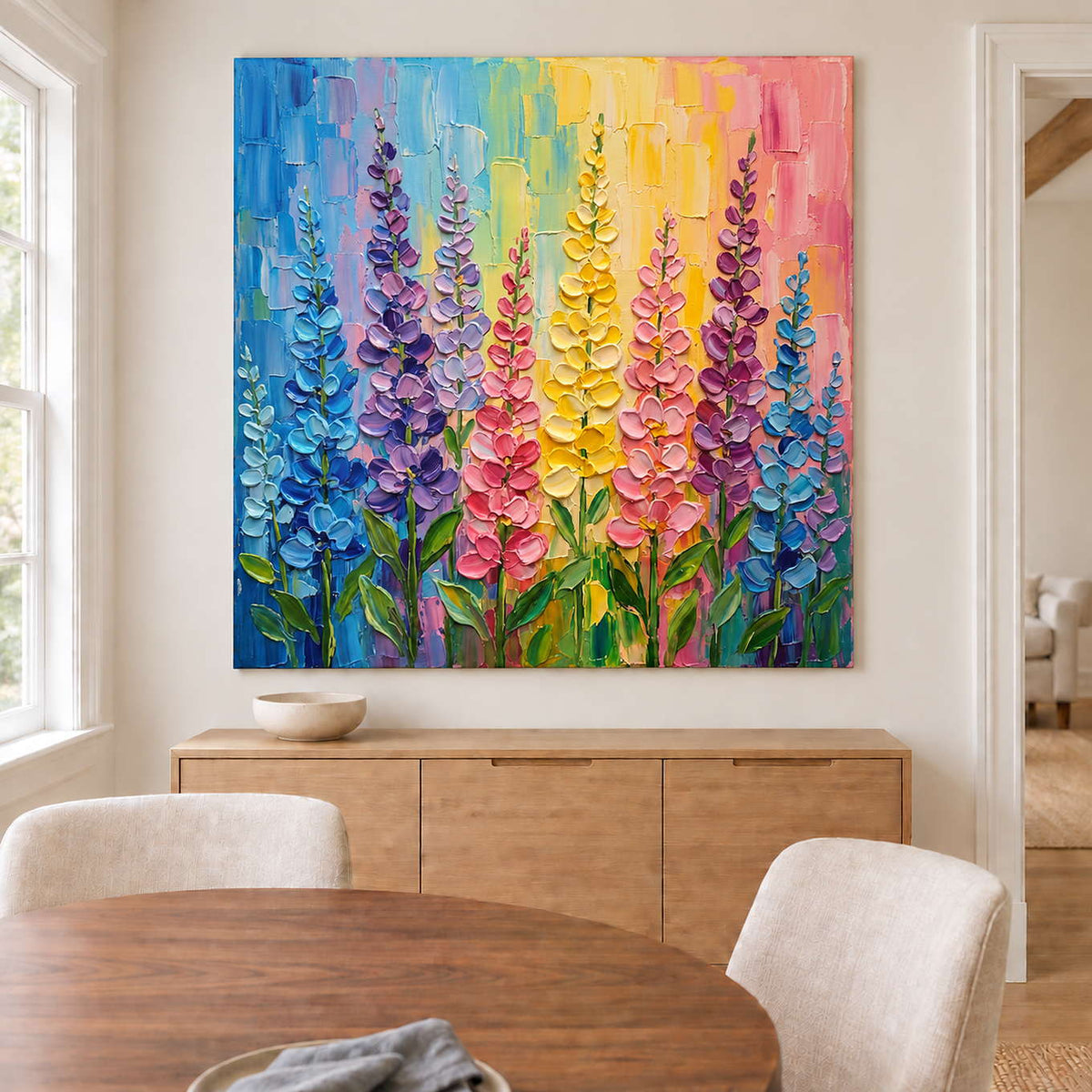 Tall purple, pink and yellow flowers against a bright pastel background without an outer frame, displayed above a dining table.