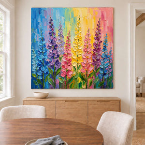 Tall purple, pink and yellow flowers against a bright pastel background without an outer frame, displayed above a dining table.