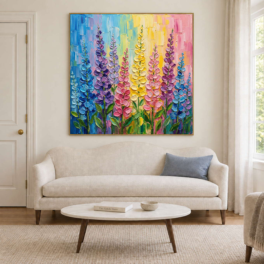 Tall purple, pink and yellow flowers against a bright pastel background in a gold frame, displayed above a sofa in a living room.
