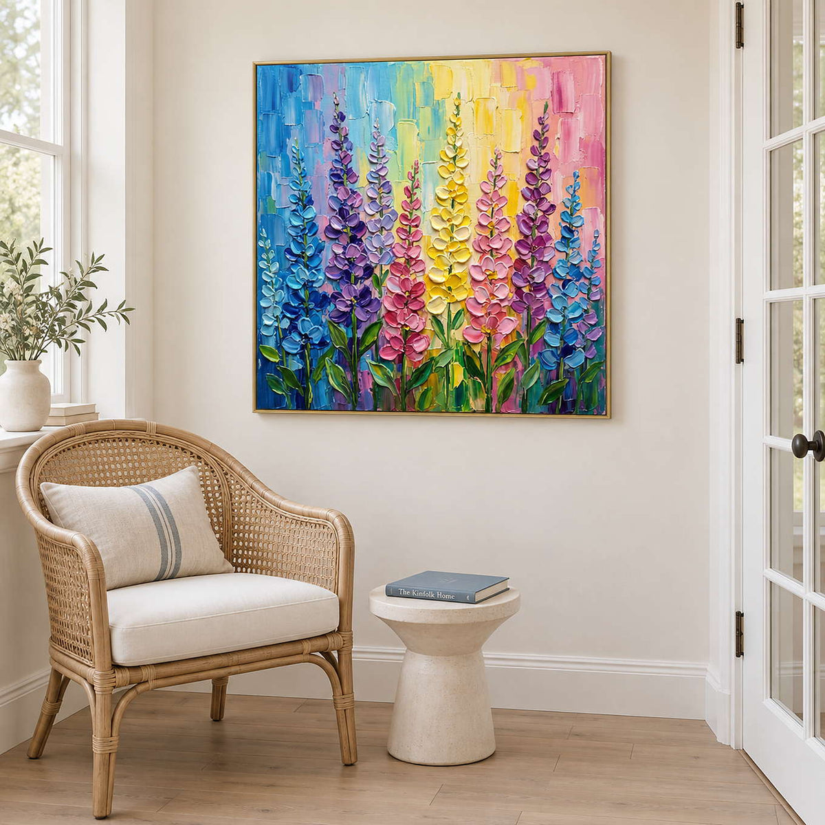 Tall purple, pink and yellow flowers against a bright pastel background in a gold frame, displayed beside seating in a lounge.