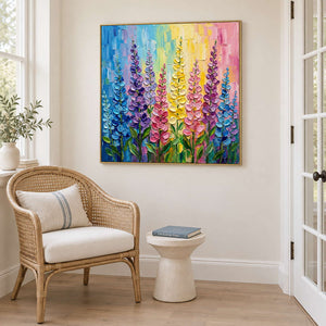 Tall purple, pink and yellow flowers against a bright pastel background in a gold frame, displayed beside seating in a lounge.