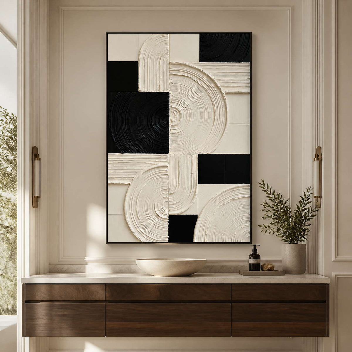 Black framed concentric arcs above a stone basin and wooden vanity.
