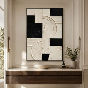 Black framed concentric arcs above a stone basin and wooden vanity.