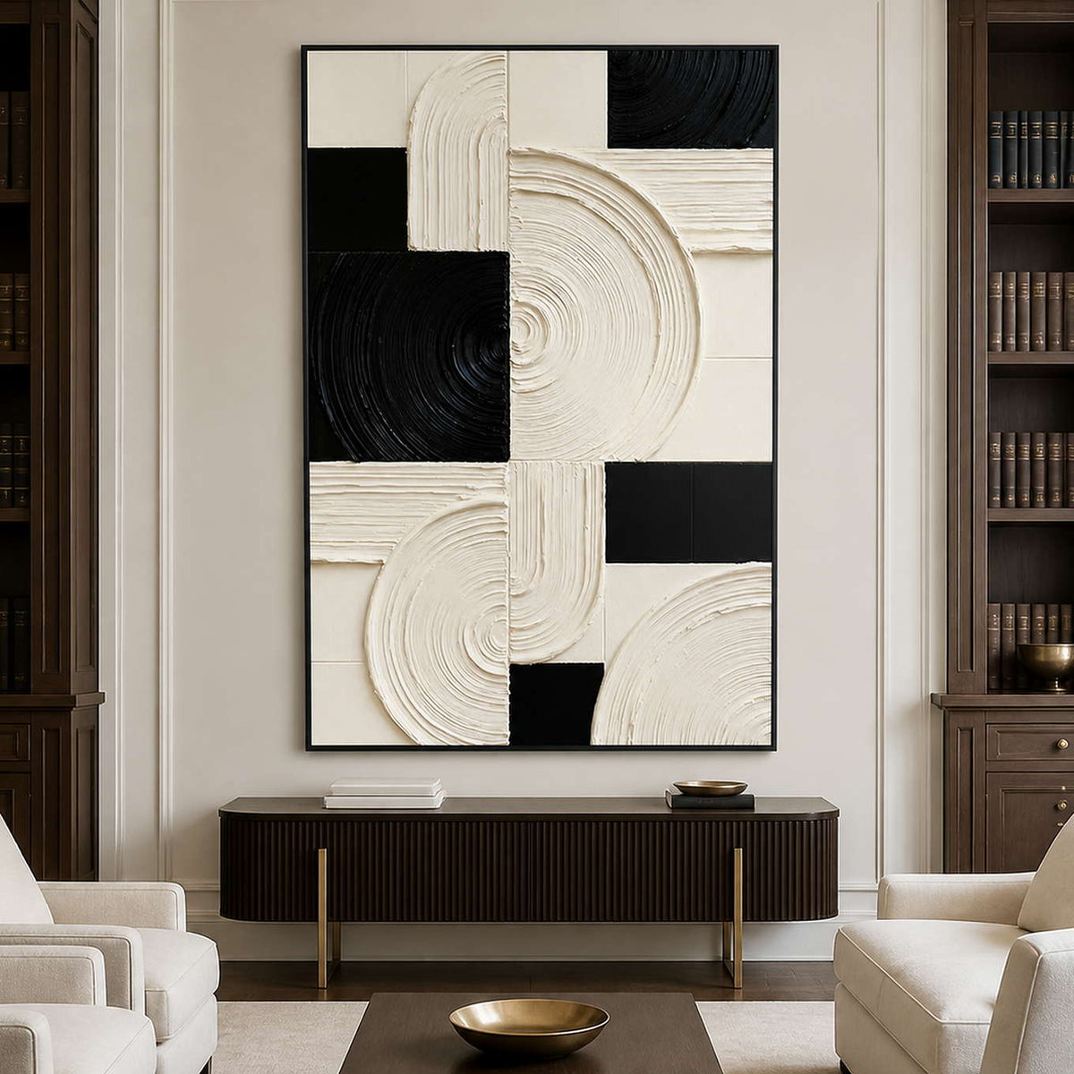 Black and cream concentric arcs above a sofa in a refined living room.
