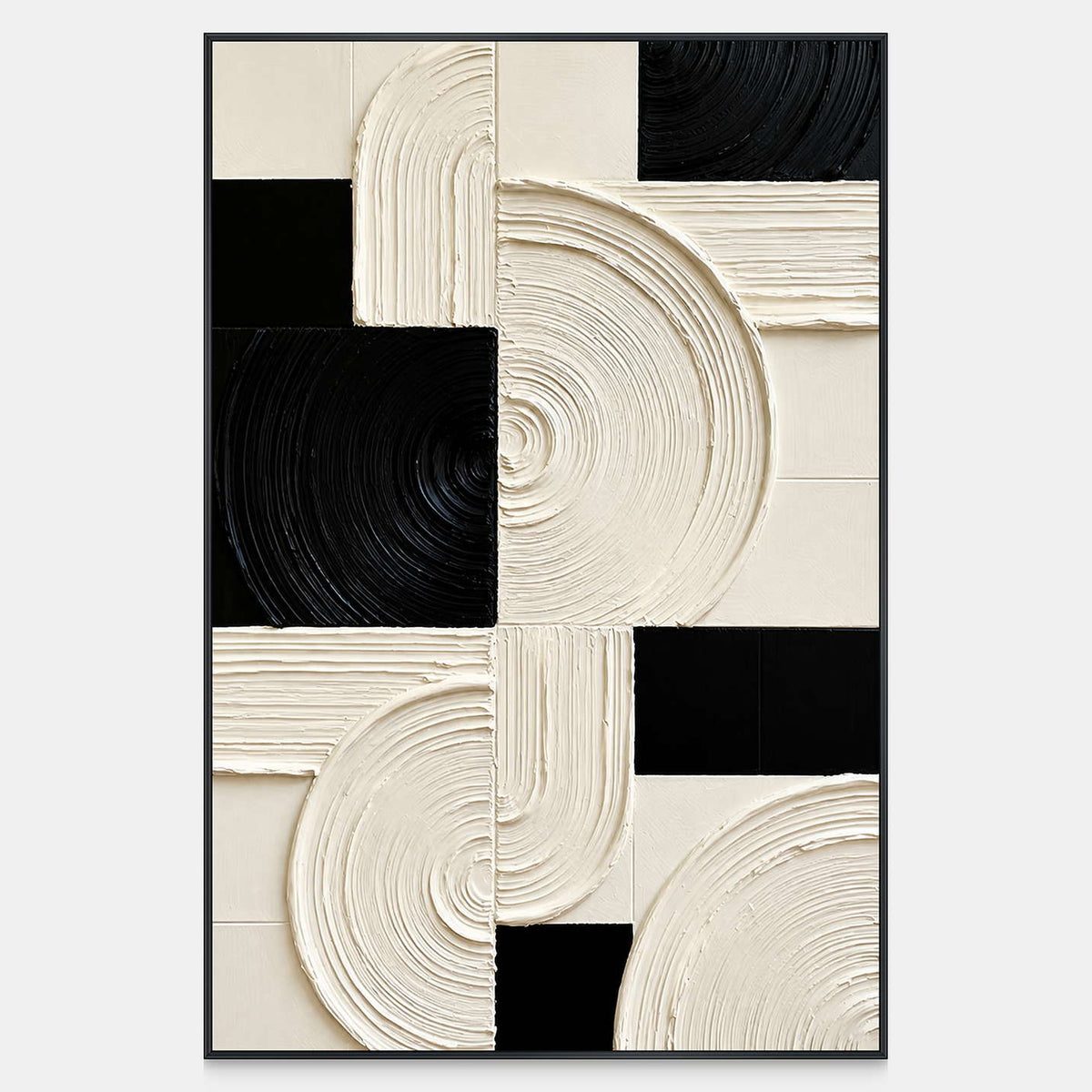 Cream and black geometric blocks linked by concentric arcs in textured relief.