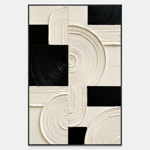 Cream and black geometric blocks linked by concentric arcs in textured relief.