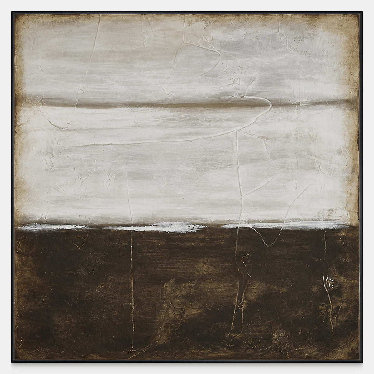 Square abstract with broad pale gray layers above deep brown and fine surface lines.