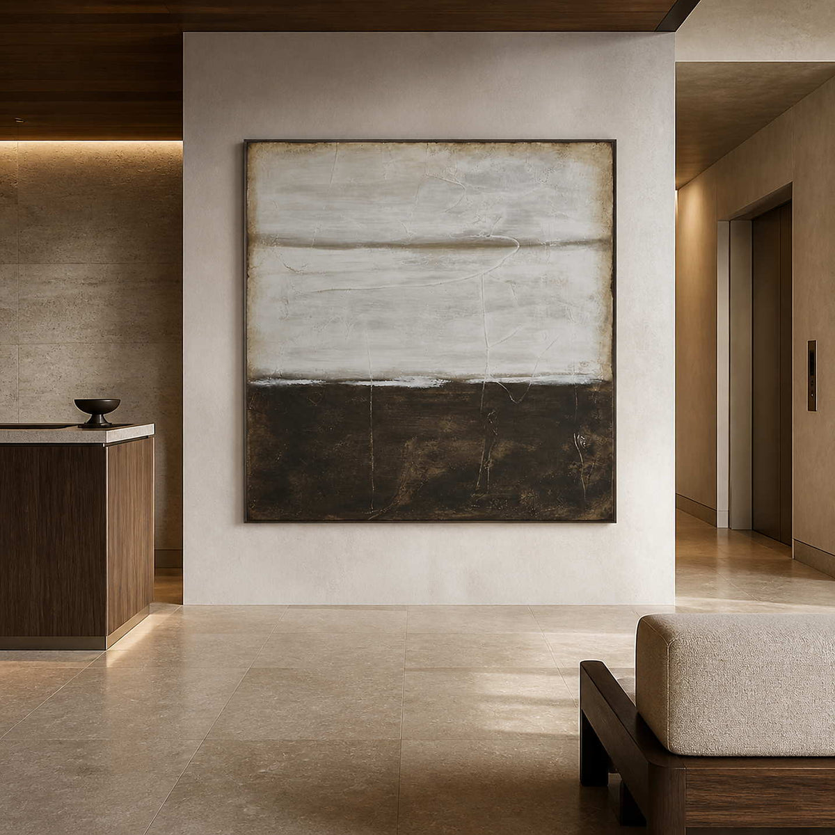 Wood-framed neutral abstract near a hotel reception counter and elevator corridor.