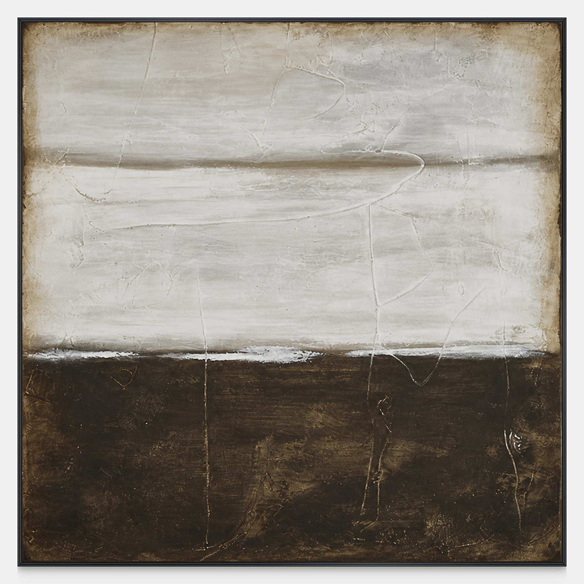Square abstract with broad pale gray layers above deep brown and fine surface lines.