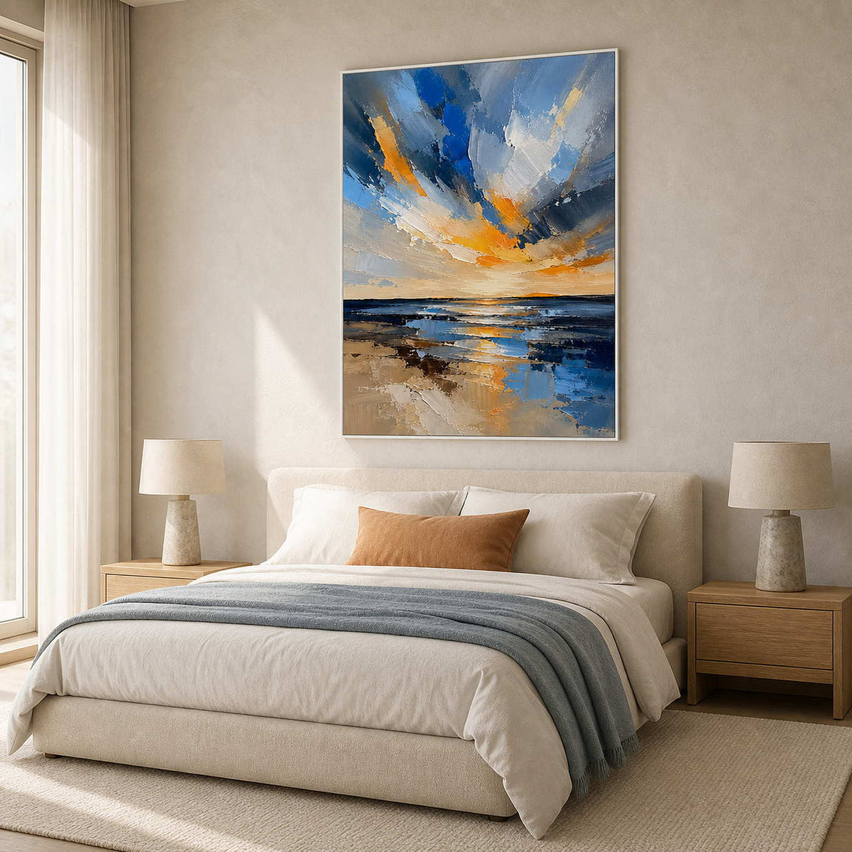 Vertical blue seascape above a serene neutral bedroom.