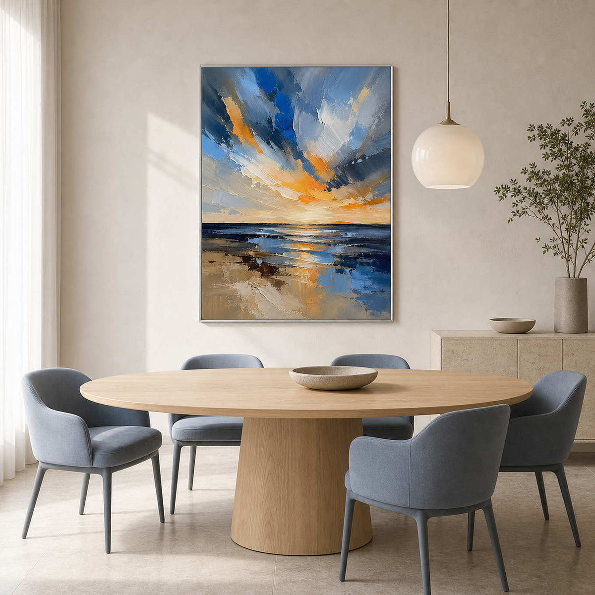 Luminous coastal painting displayed in a light contemporary dining room.