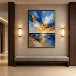 Blue and gold coastal artwork anchoring a boutique hotel corridor.
