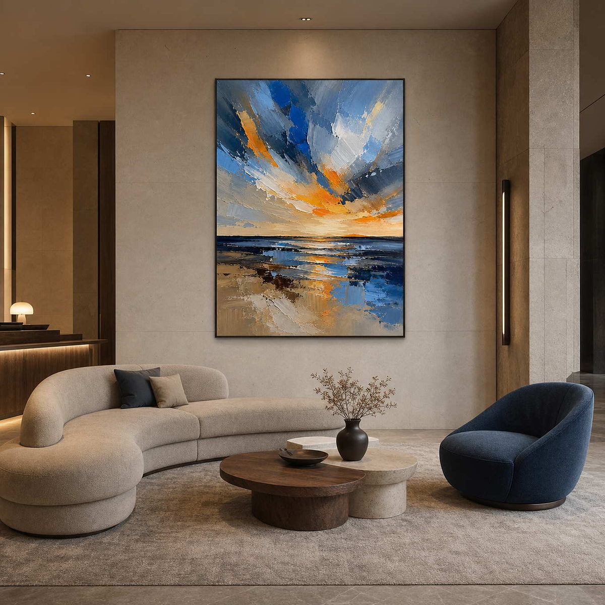 Large vertical seascape in a warm contemporary hotel lobby.