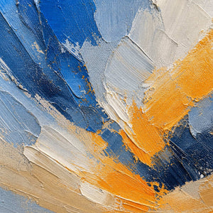 Close-up of cobalt, slate, ivory, and ochre palette-knife texture.
