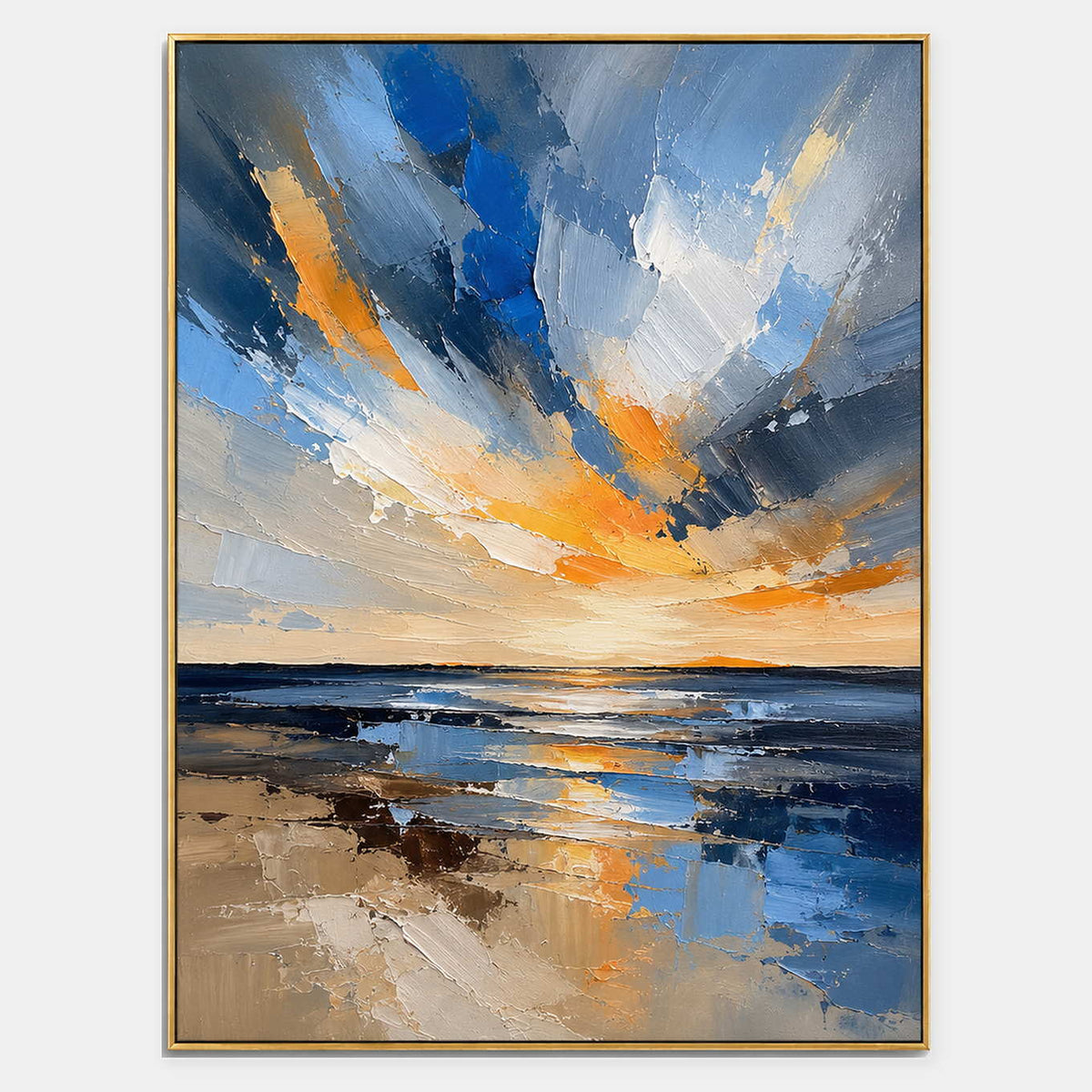Hand-painted coastal canvas with cobalt sky, ochre light, and reflective shore.
