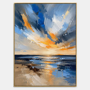 Hand-painted coastal canvas with cobalt sky, ochre light, and reflective shore.