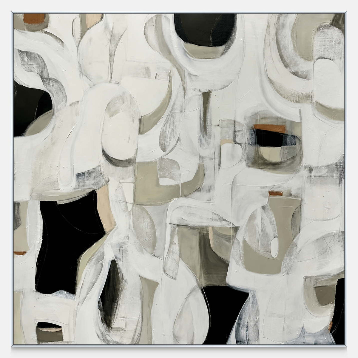 Square abstract artwork with rounded white strokes, gray passages, and deep black openings.
