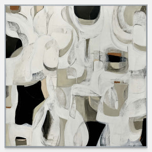 Square abstract artwork with rounded white strokes, gray passages, and deep black openings.