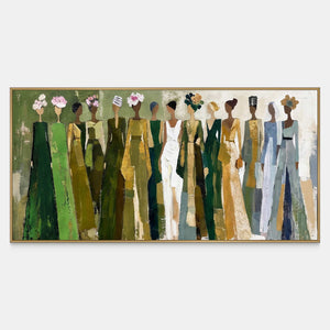 Front view of Days in Full Bloom, a panoramic row of figures in green, ochre, cream and pale blue gowns with decorative headpieces.