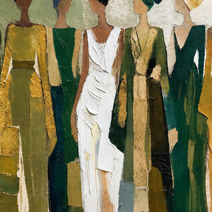 Close-up of Days in Full Bloom showing raised cream, forest green and ochre paint shaping elongated gowns and simplified figures.