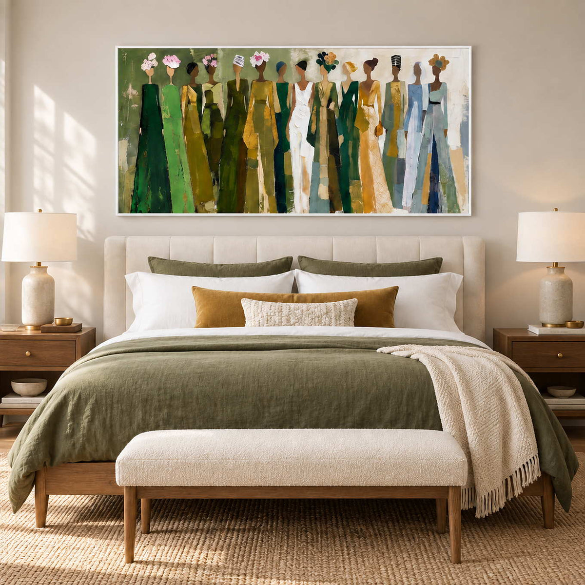 Days in Full Bloom in a white frame above a cream bed with an olive coverlet and an upholstered bench.