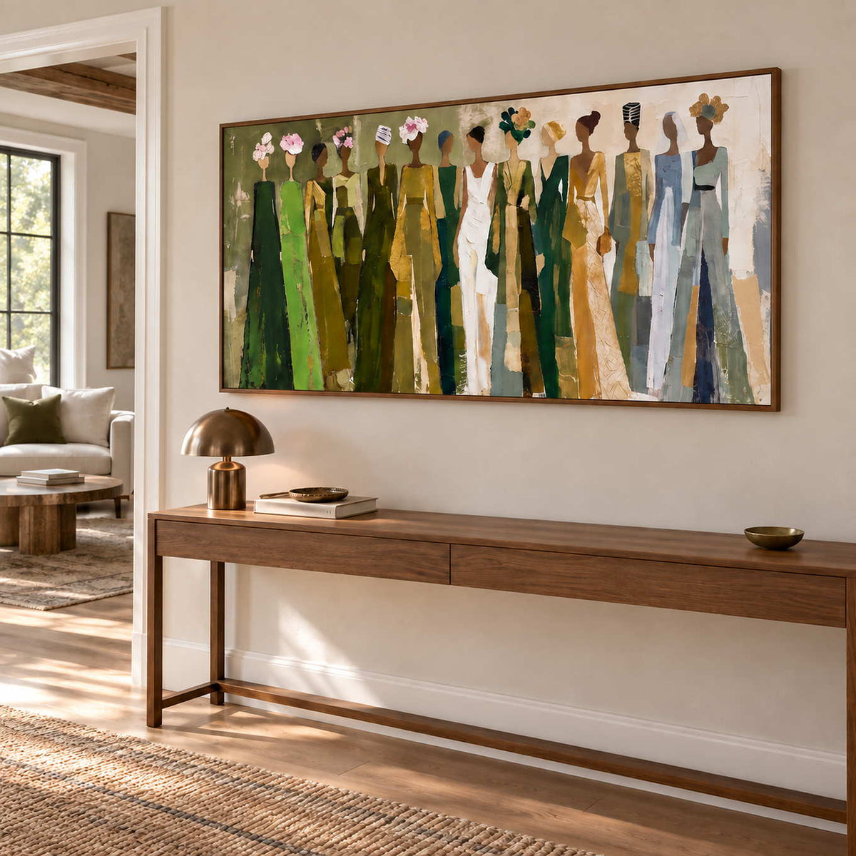 Days in Full Bloom in a wood frame above a long hallway console with books and a small brass lamp.