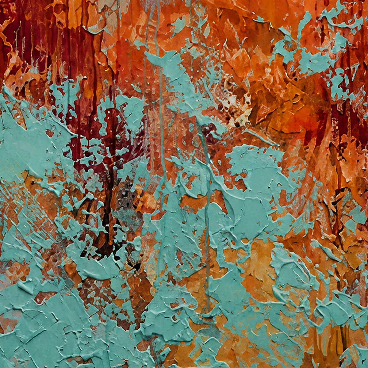 Close view of raised turquoise paint, burnt orange layers, and trailing dark marks.