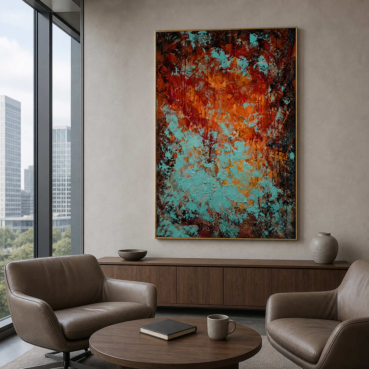 Gold framed turquoise and orange artwork above a console in an executive lounge.