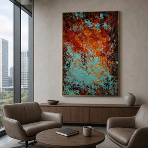 Gold framed turquoise and orange artwork above a console in an executive lounge.