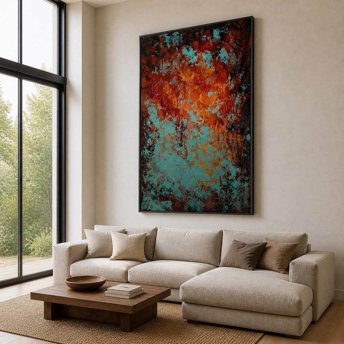 Black framed turquoise and rust abstract painting above a sofa in a bright living room.