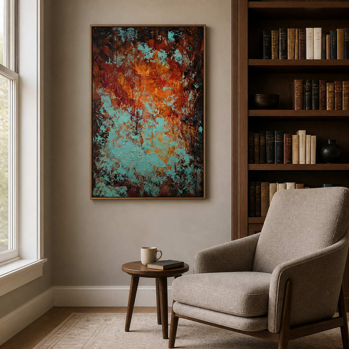 Wood framed turquoise and rust painting beside bookshelves and an upholstered reading chair.