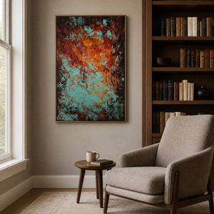 Wood framed turquoise and rust painting beside bookshelves and an upholstered reading chair.