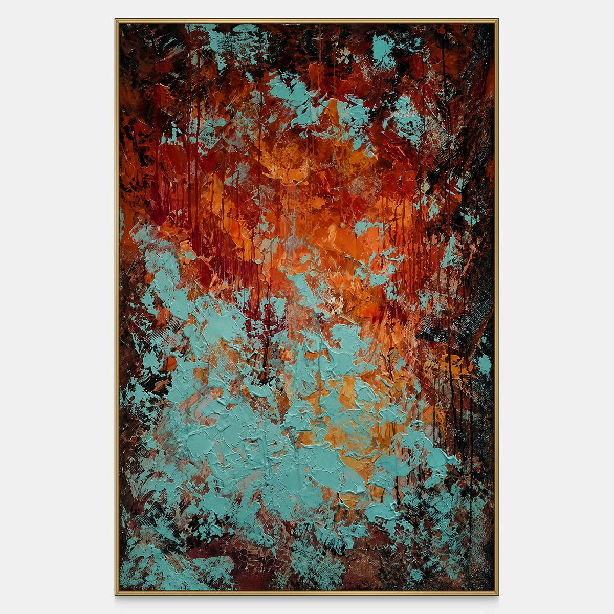 Vertical textured abstract painting with turquoise patches over rust, burnt orange, and dark brown.