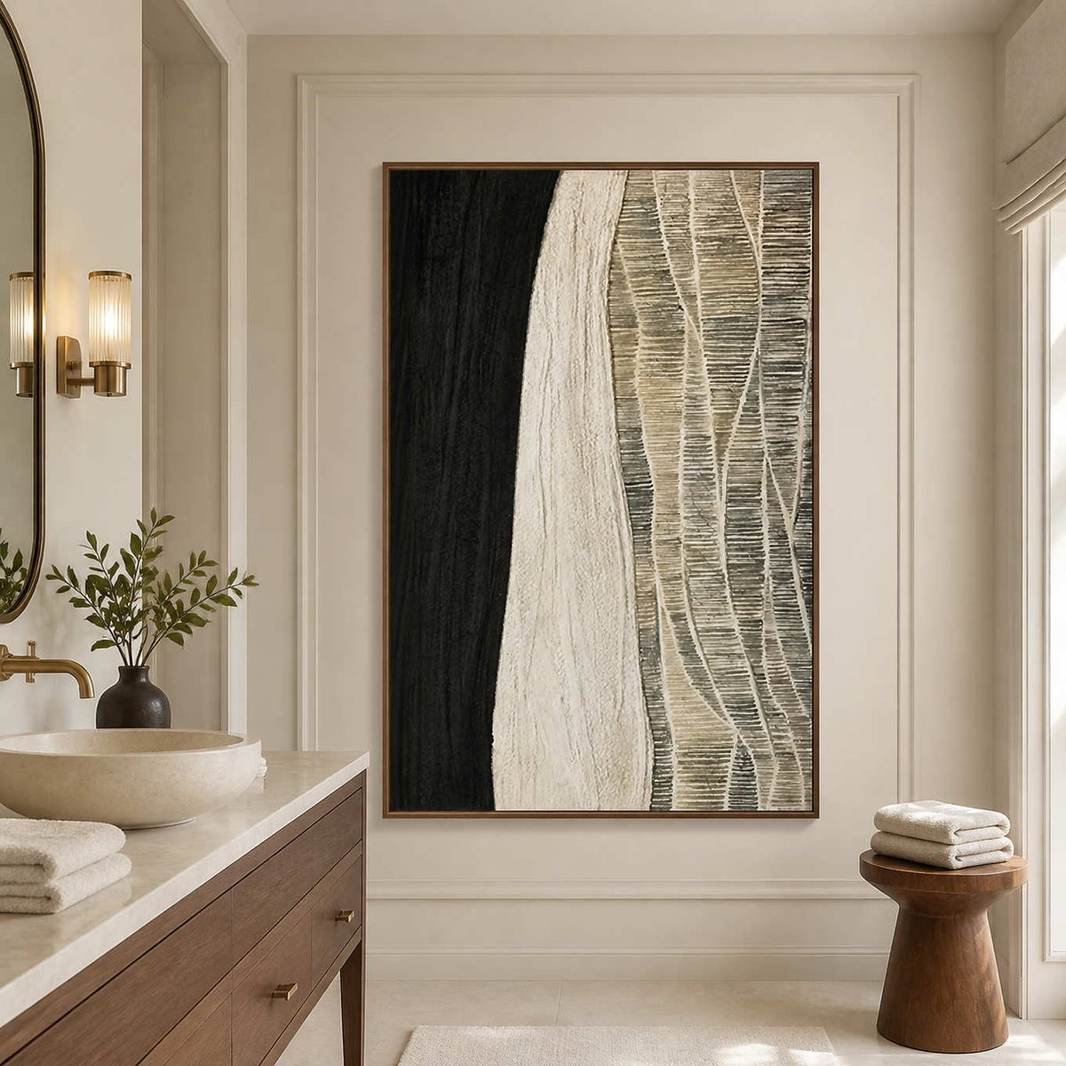 Wood framed woven abstract artwork beside a stone basin in a bathroom dry area.