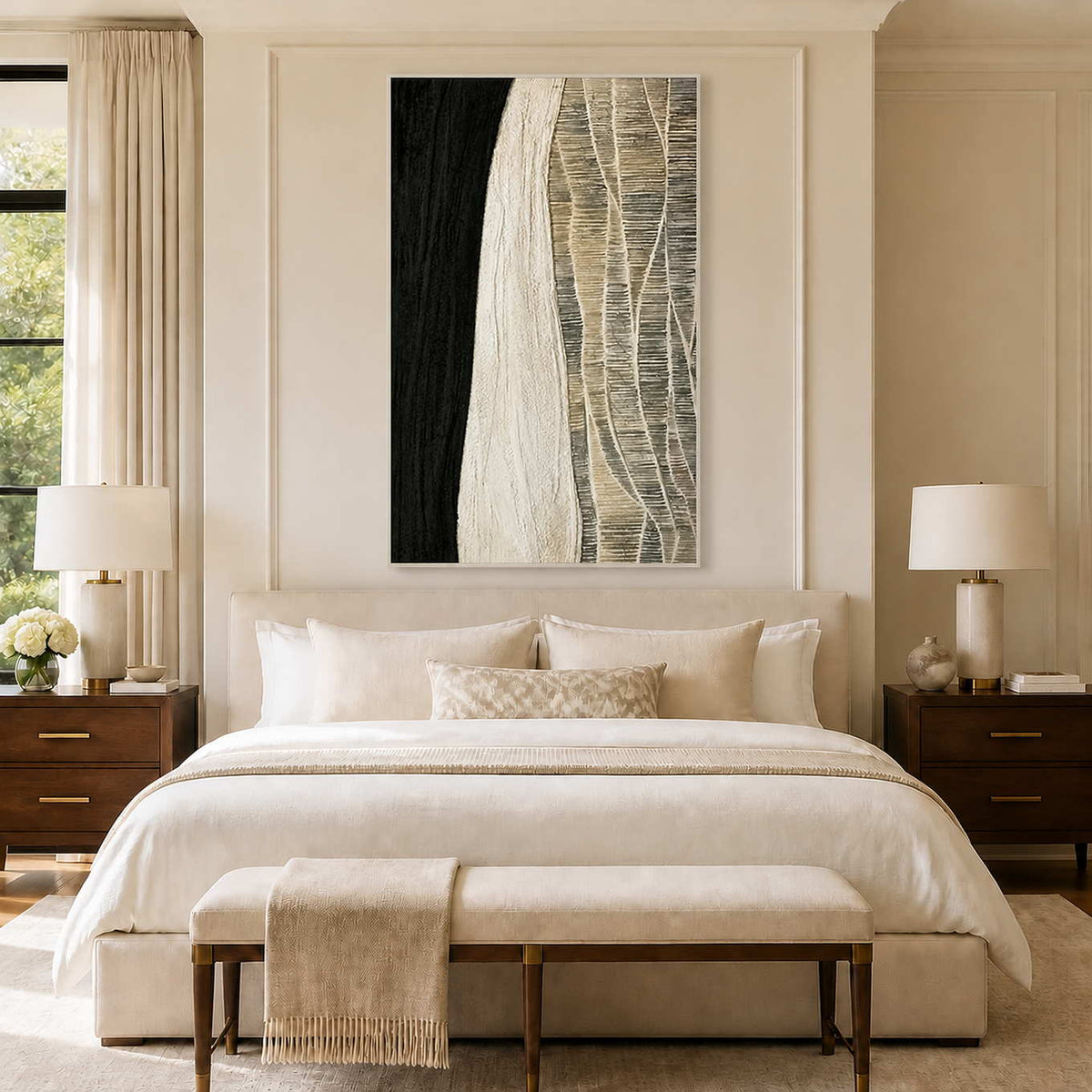 White framed black and cream abstract artwork above a cream upholstered bed.