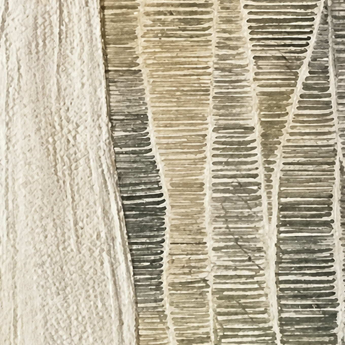 Close view of rough cream curves meeting fine horizontal lines across pale winding bands.