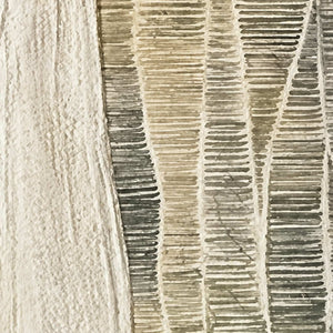 Close view of rough cream curves meeting fine horizontal lines across pale winding bands.