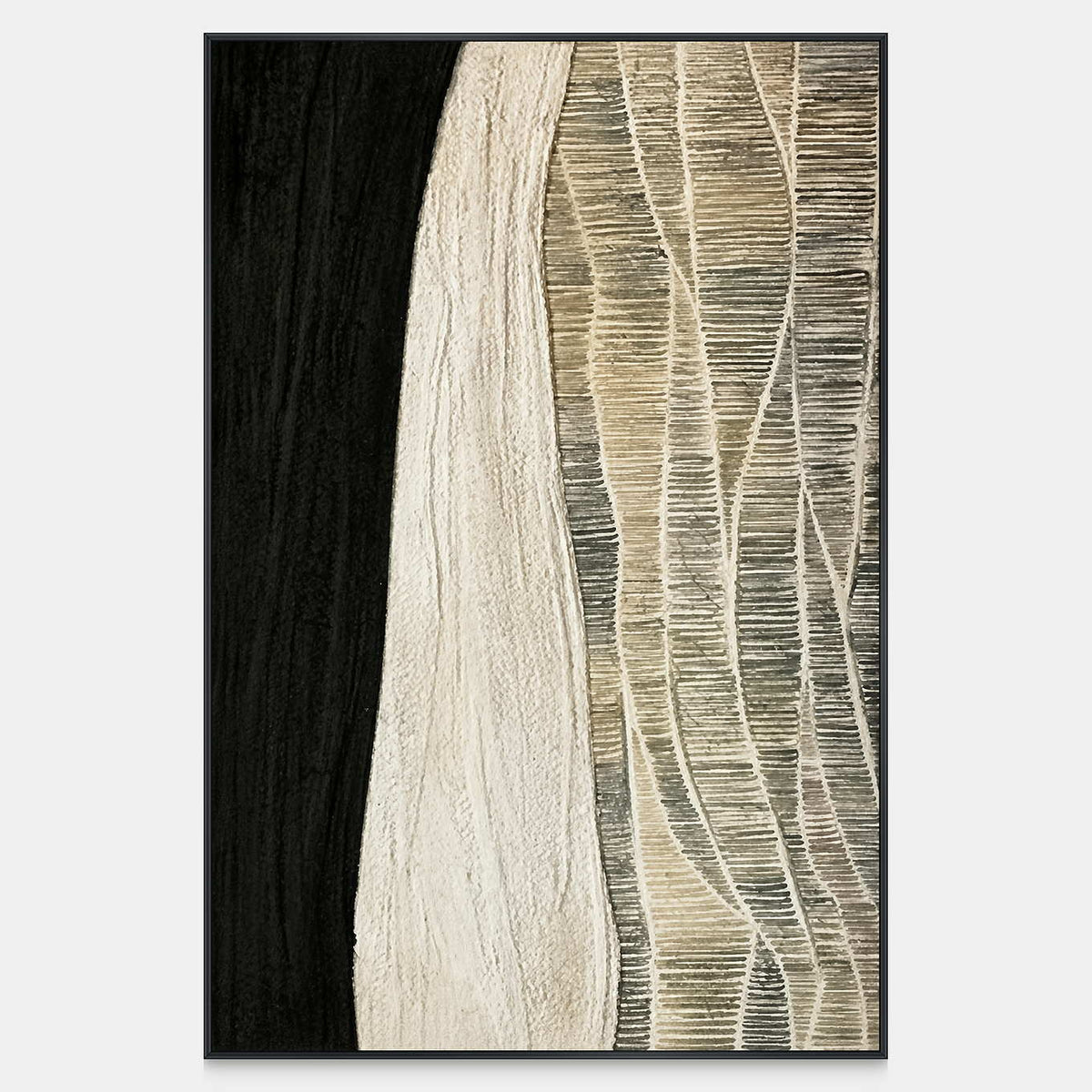 Vertical abstract artwork with cream curves, black fields and fine woven cross-lines.