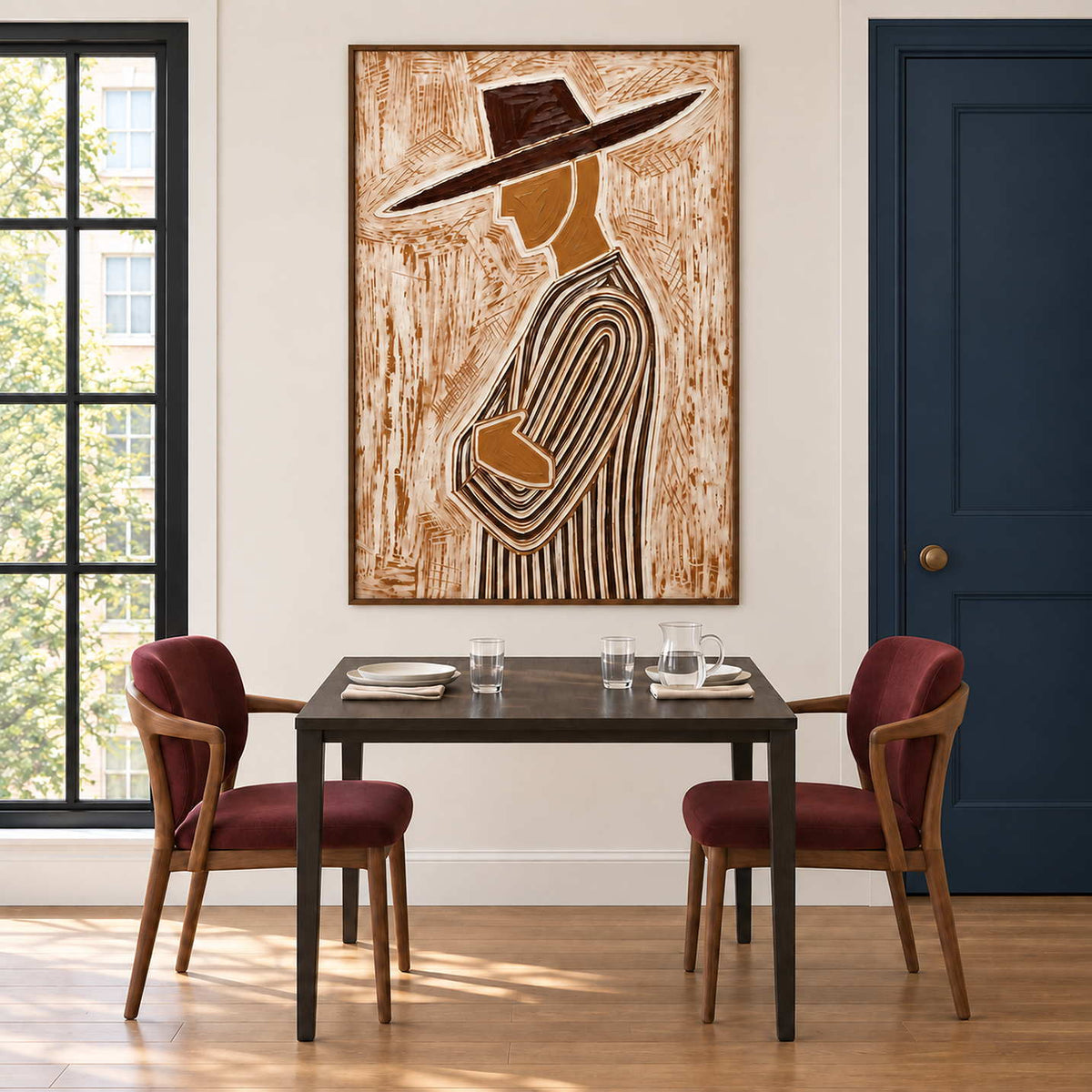 Tilted-hat portrait over a dark dining table and burgundy chairs beside a navy door.