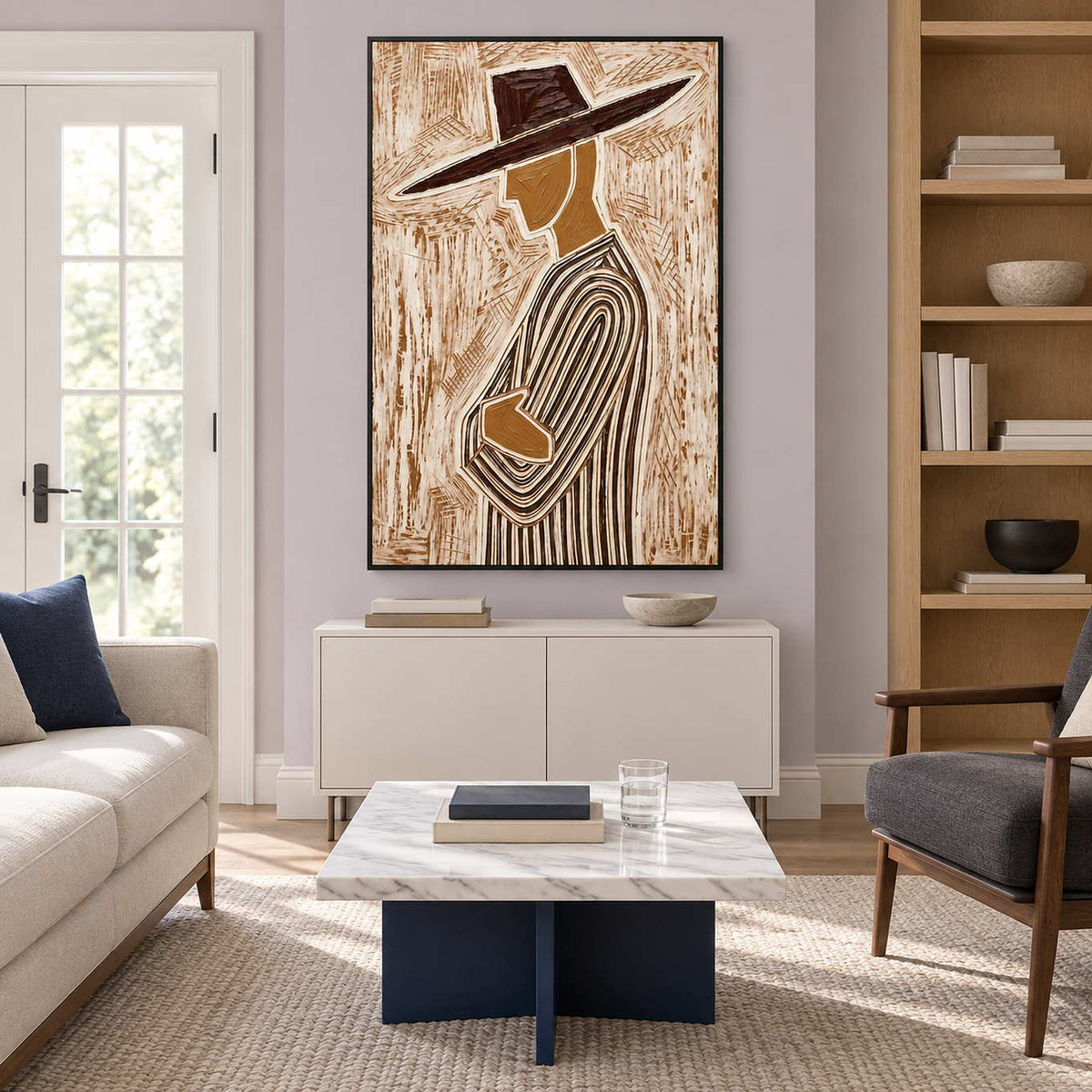 Side-profile portrait above a cream cabinet in a living room with open wooden shelves.
