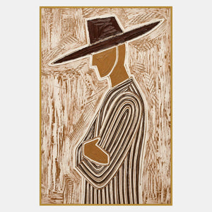 Left-facing profile with tilted brown hat, folded arm, and curved cream stripes against a brown-and-cream scratched background.