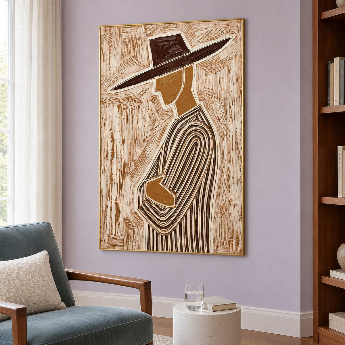 Brown and cream profile beside a muted blue chair on a lavender reading-room wall.