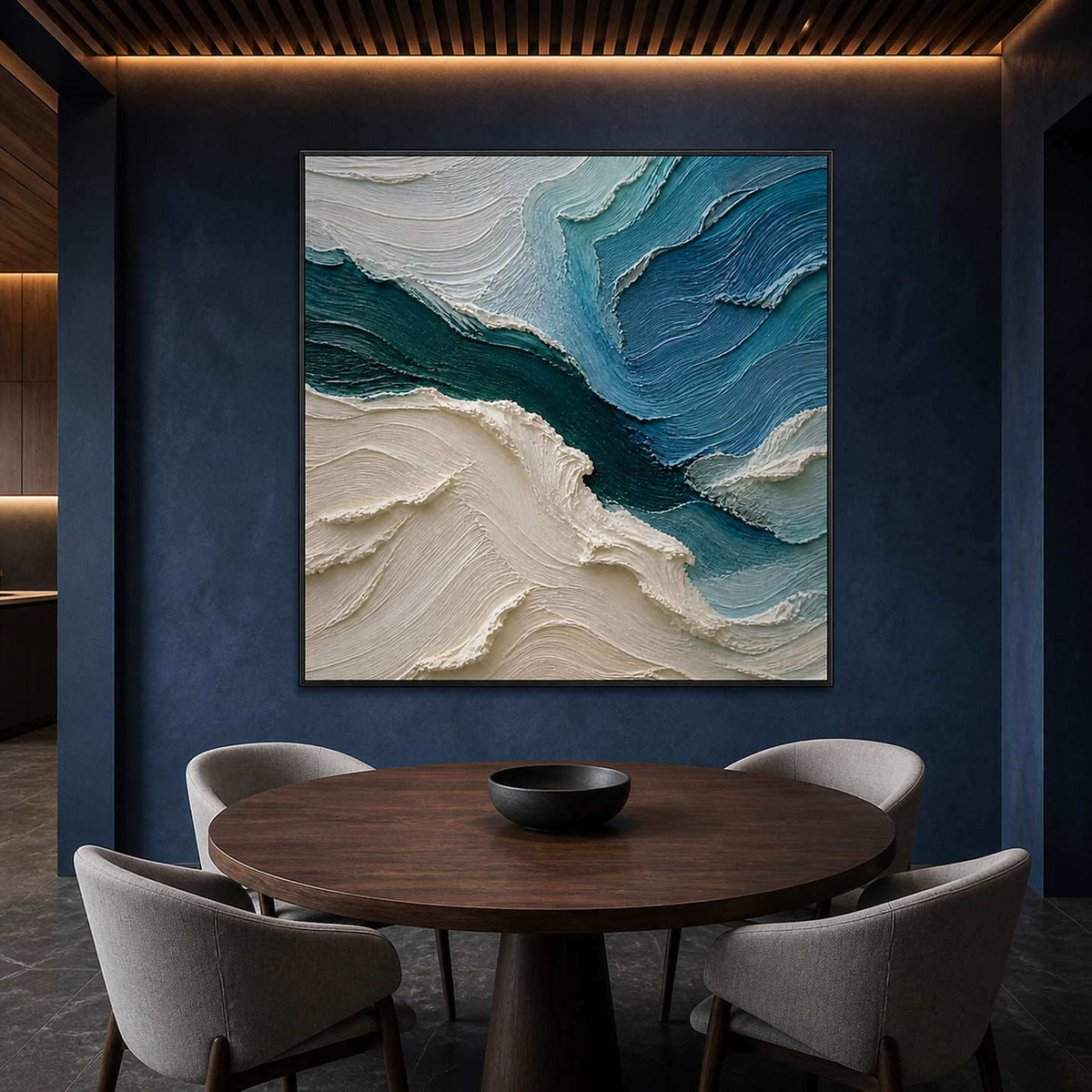 Layered blue coastal painting displayed in a navy dining room.