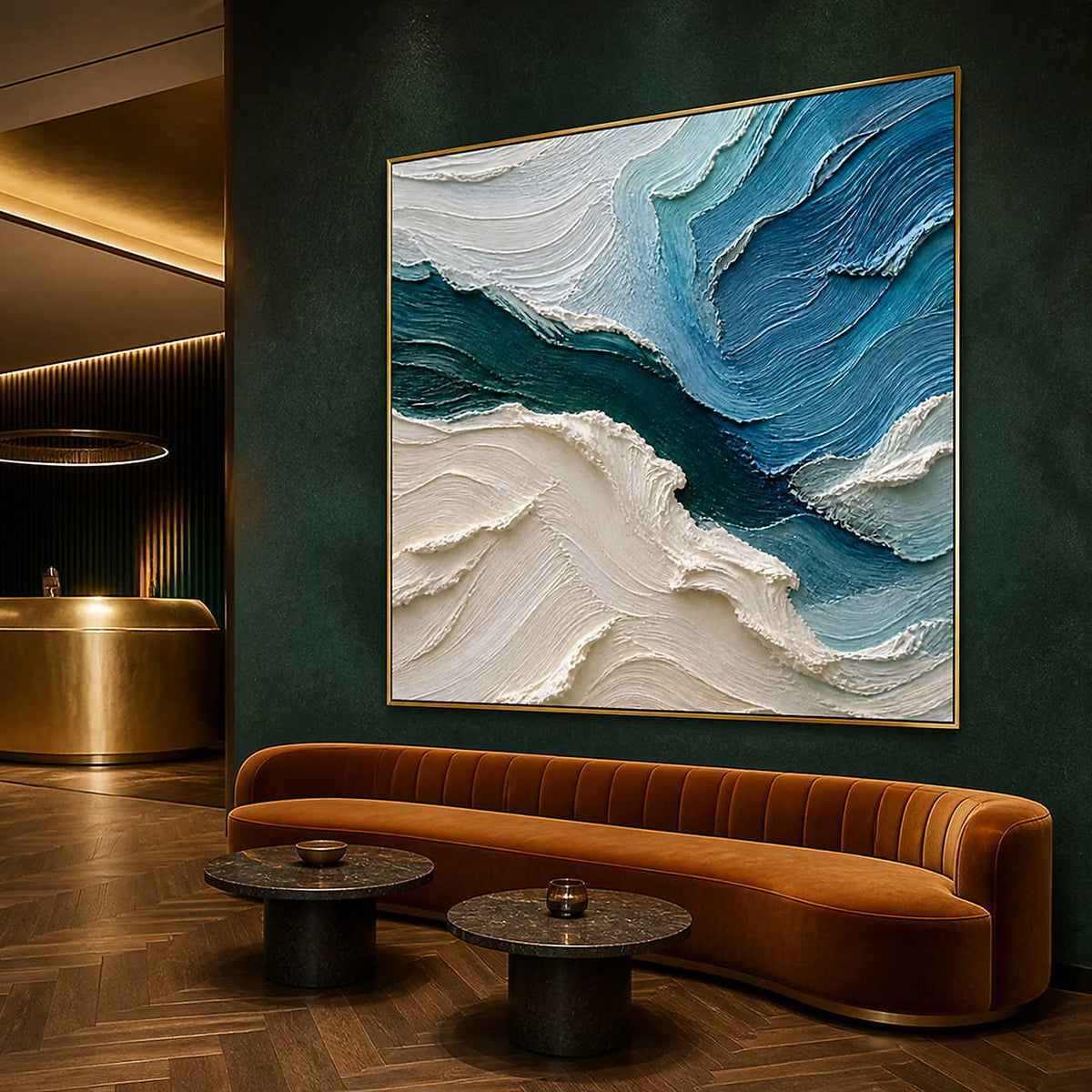 Blue and ivory coastal wall art in an emerald hotel lounge.