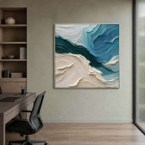 Textured teal coastal canvas bringing cool depth to an office.