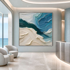 Serene textured coastal painting in a pearl-gray spa reception.